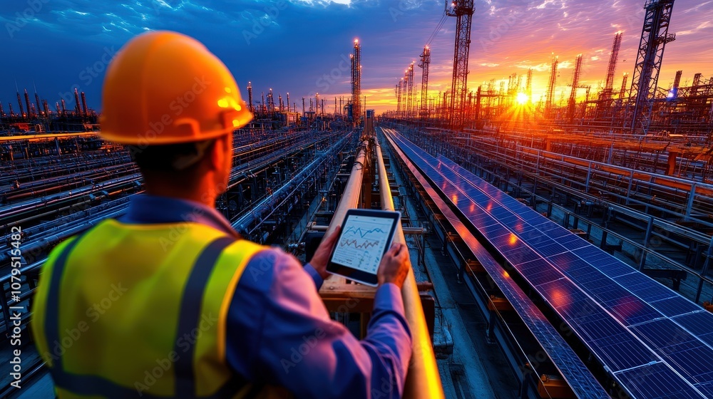 An engineer clad in safety gear is seen surveying expansive solar panel installations at sunset, capturing the essence of renewable energy's growing significance. An engineer clad in safety gear is seen surveying expansive solar panel installations at sunset, capturing the essence of renewable energy's growing significance.