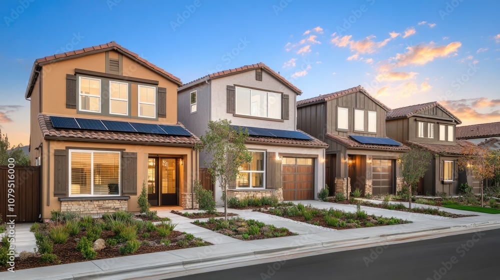 Modern Homes with Solar Panels in a Suburban Setting Modern Homes with Solar Panels in a Suburban Setting