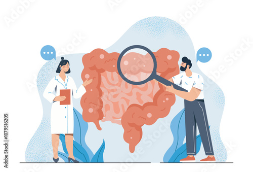 Examining gut flora. Woman and man with magnifying glass examine intestines and stomach. Healthcare and medicine. Diagnosis and treatment. Flat vector illustration isolated on white background