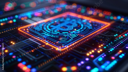 Close up of digital circuit board featuring vibrant Bitcoin symbol, showcasing advanced technology and secure blockchain connections, with colorful lights illuminating design