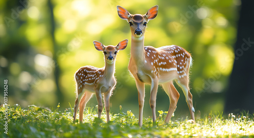 mother deer and her fawn in the forest, standing side by side on lush green grass under trees. The background is blurred to emphasize them, with sunlight photo