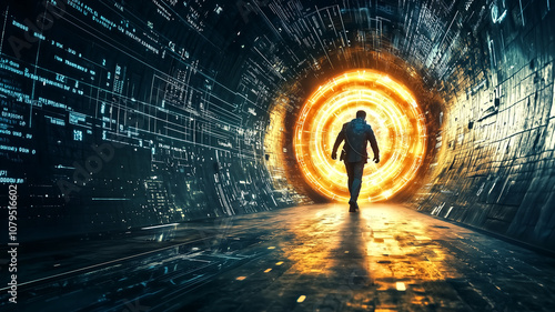 figure walks through glowing tunnel, surrounded by digital patterns and light. scene evokes sense of adventure and exploration into unknown