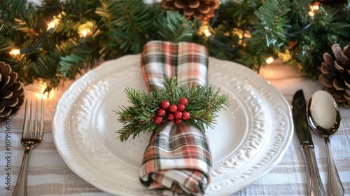 A decorative dinner table is elegantly set with a white plate, a tartan napkin, and pine branches adorned with red berries, creating a cozy atmosphere for a winter gathering surrounded by greenery.