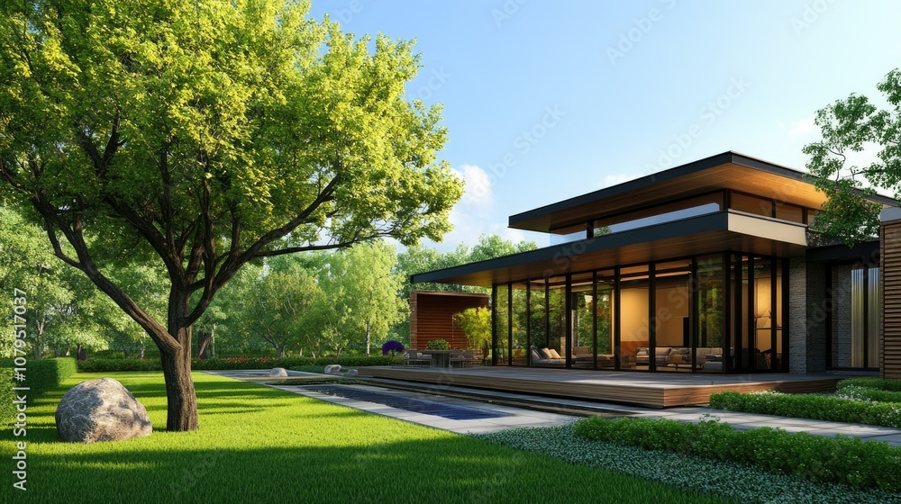 Modern House Surrounded by Lush Greenery and Trees Modern House Surrounded by Lush Greenery and Trees