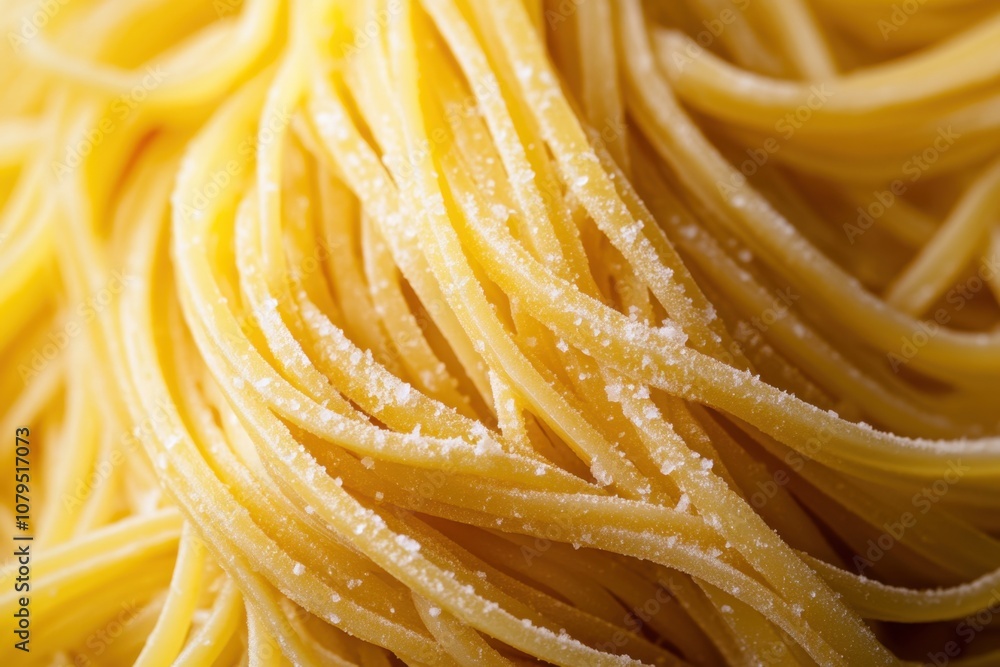 Close-up of uncooked spaghetti noodles.