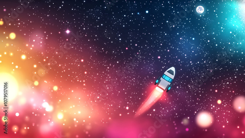 Rocket soaring through colorful space with stars and moon, depicting interstellar travel and adventure