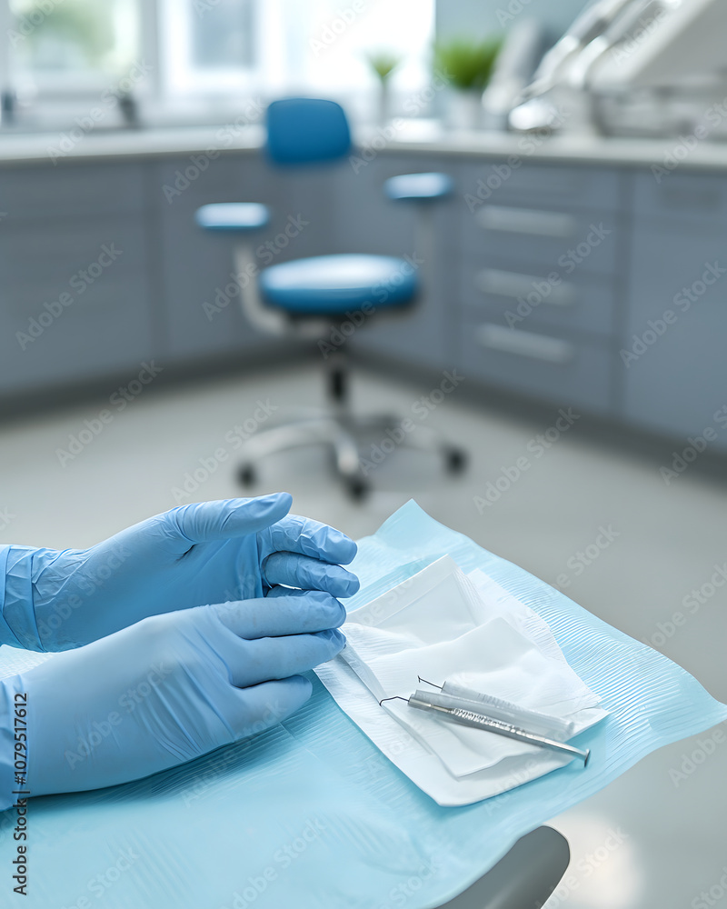 A pair of gloved hands preparing instruments on a sterile surface in a clinical setting. A pair of gloved hands preparing instruments on a sterile surface in a clinical setting.