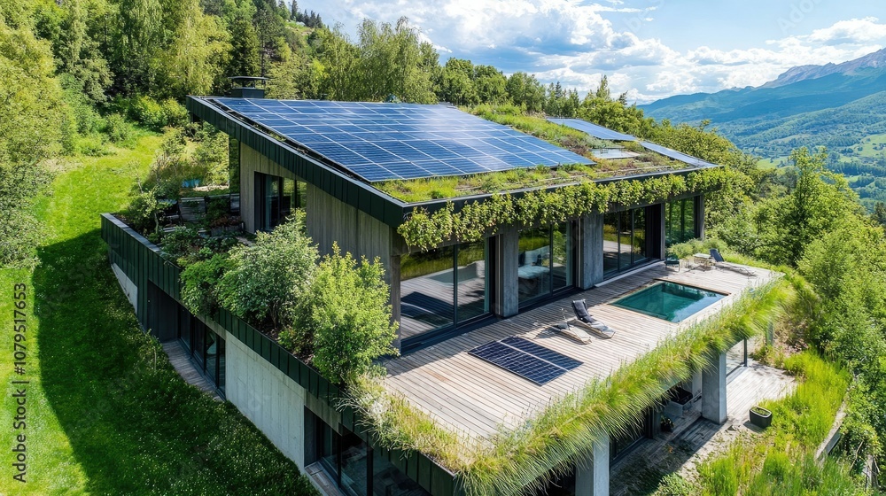 Fototapeta premium Modern Eco-Friendly House with Solar Panels and Green Roof