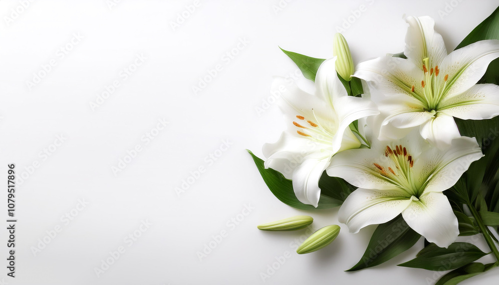 Fototapeta premium Fresh Lily flower garland foliage on side position provides copy space for text. background concept isolated white