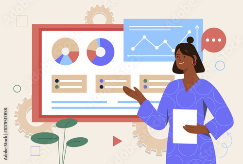 Woman with business presentation. Young girl near graphs and diagrams. Corporate webinar and master class, lecture. Analyst conducting marketing research. Flat vector illustration