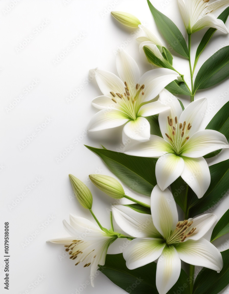 Fresh Lily flower garland foliage on side position provides copy space for text. background concept isolated white Fresh Lily flower garland foliage on side position provides copy space for text. background concept isolated white