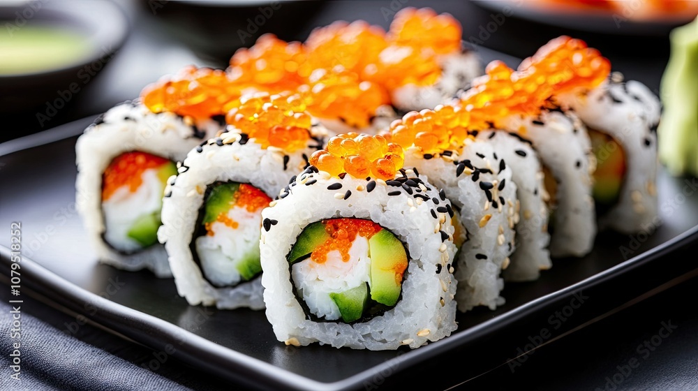 Vibrant Sushi Rolls with Salmon Roe and Vegetables Vibrant Sushi Rolls with Salmon Roe and Vegetables