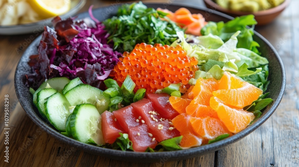 Fresh and Colorful Salad Bowl with Seafood and Greens Fresh and Colorful Salad Bowl with Seafood and Greens