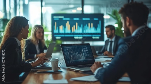business team gathered around a table in a boardroom, discussing strategies for the upcoming quarter, using laptops and charts to analyze data and make decisions