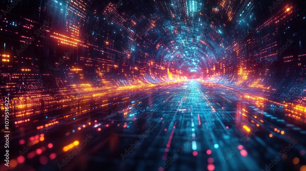 A vibrant digital tunnel with glowing data streams and lights. A vibrant digital tunnel with glowing data streams and lights.