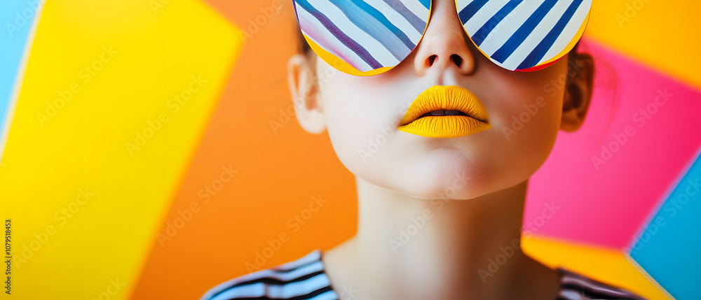 Closeup of a Womans Face with Yellow Lipstick and Striped Sunglasses Against a Colorful Background, Closeup of a Womans Face with Yellow Lipstick and Striped Sungla Closeup of a Womans Face with Yellow Lipstick and Striped Sunglasses Against a Colorful Background, Closeup of a Womans Face with Yellow Lipstick and Striped Sungla