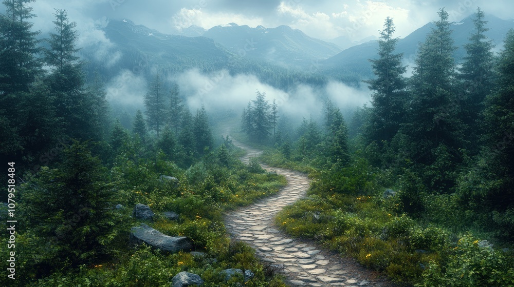 Serene forest path winding through lush greenery and misty mountains. Serene forest path winding through lush greenery and misty mountains.