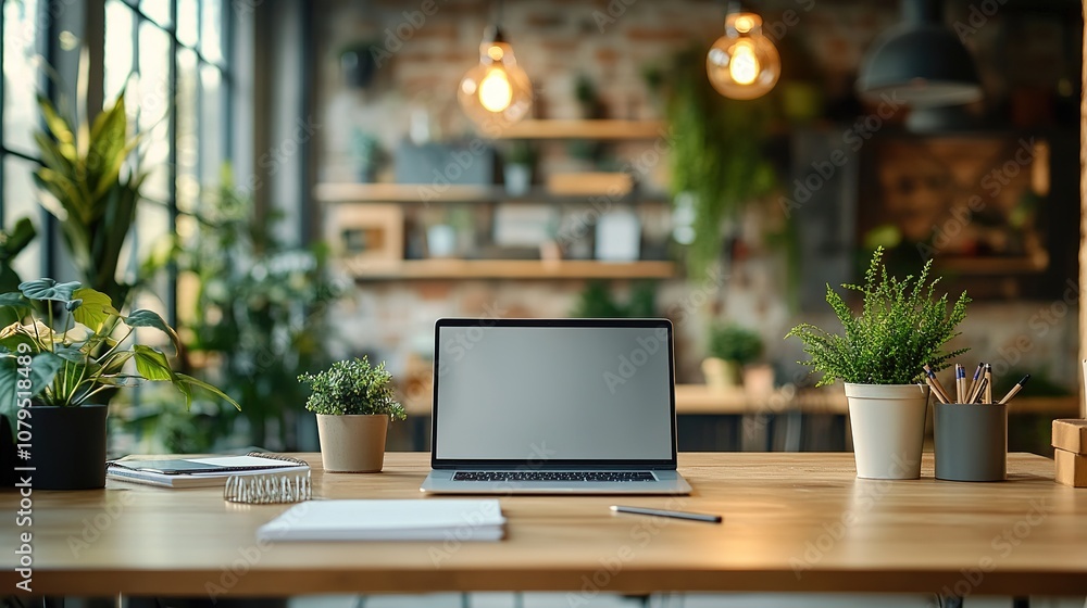 organized office desk with a laptop, notebooks, and stationery, perfectly arranged for productivity, surrounded by modern office decor and lighting organized office desk with a laptop, notebooks, and stationery, perfectly arranged for productivity, surrounded by modern office decor and lighting