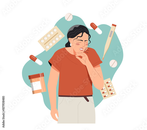 Woman with flu and sickness. Young girl near pills and thermometer. Healthcare and medicine, treatment. Person with disease and illness. Flat vector illustration isolated on white background
