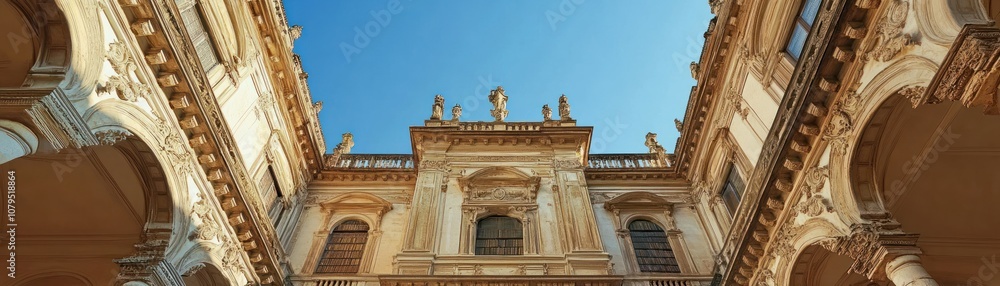 A stunning view of an ornate architectural courtyard under a clear blue sky. A stunning view of an ornate architectural courtyard under a clear blue sky.
