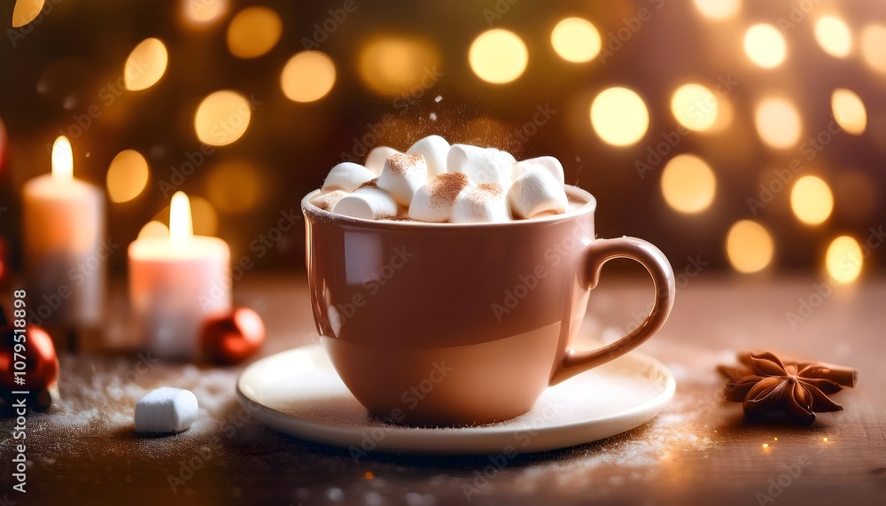 Mug of hot chocolate or cocoa with marshmallow Christmas lights New Year beverage concept Mug of hot chocolate or cocoa with marshmallow Christmas lights New Year beverage concept