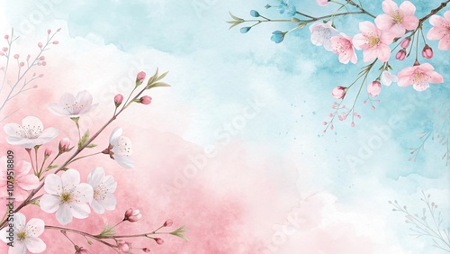 Fototapeta Naklejka Na Ścianę i Meble -  Pastel pink and baby blue watercolor background with subtle flower blooms, watercolor background, peaceful design