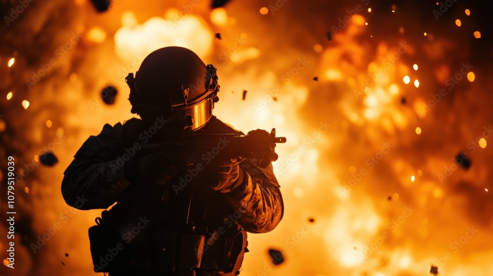 A soldier stands against a backdrop of fiery explosions, embodying themes of bravery and conflict in a dramatic, action-packed scene. A soldier stands against a backdrop of fiery explosions, embodying themes of bravery and conflict in a dramatic, action-packed scene.