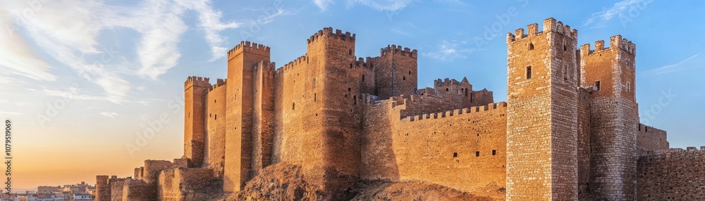 A majestic castle with towers and battlements against a sunset sky. A majestic castle with towers and battlements against a sunset sky.