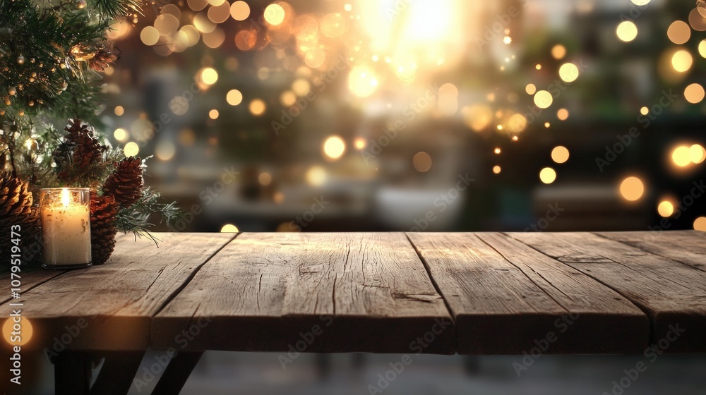 Rustic wooden table with glowing festive lights, creating a warm holiday atmosphere. Rustic wooden table with glowing festive lights, creating a warm holiday atmosphere.