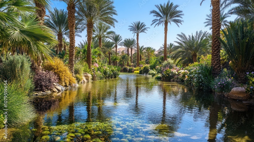 Obraz premium A tranquil oasis with palm trees lining a still pond.