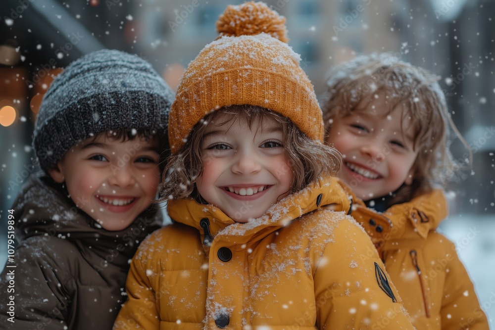 Obraz premium Three children of different races, dressed in winter , playing and laughing outdoors on a snowy day.