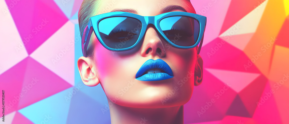 Fashionable Woman Wearing Blue Sunglasses and Lipstick Against a Colorful Geometric Background, Fashionable Woman Wearing Blue Sunglasses and Lipstick Against a Fashionable Woman Wearing Blue Sunglasses and Lipstick Against a Colorful Geometric Background, Fashionable Woman Wearing Blue Sunglasses and Lipstick Against a