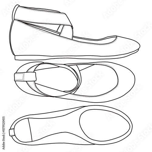 Women's Ballet Flats Shoes with ankle strap Line art, Technical sketch hand drawing outline vector doodle illustration side, top and bottom view isolated on white background