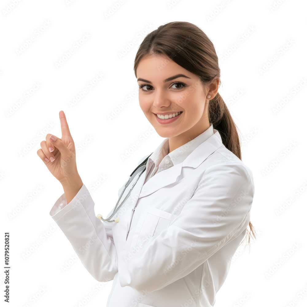Female pharmacist with one hand pointing to something to her side on transparency background PNG Female pharmacist with one hand pointing to something to her side on transparency background PNG