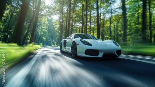 Sleek white sports car driving through a sunlit forest road, capturing speed and freedom in nature. photo