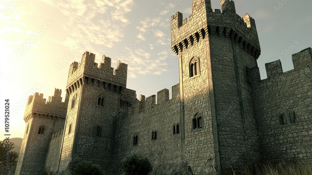 A stone castle with towers and windows, illuminated by a soft sunset glow. A stone castle with towers and windows, illuminated by a soft sunset glow.