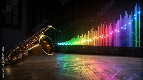 Rainbow-colored sound waves emanating from a glowing instrument with shimmering lights, colorful instrumentation, kaleidoscope sounds, glowing instrument, luminescent beats