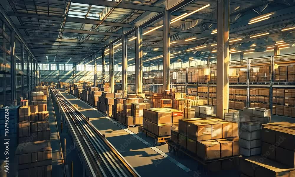 Warehouse Interior with Stacked Cardboard Boxes illustration cartoon with ai generated.
Warehouse Interior with Stacked Cardboard Boxes illustration cartoon with ai generated.