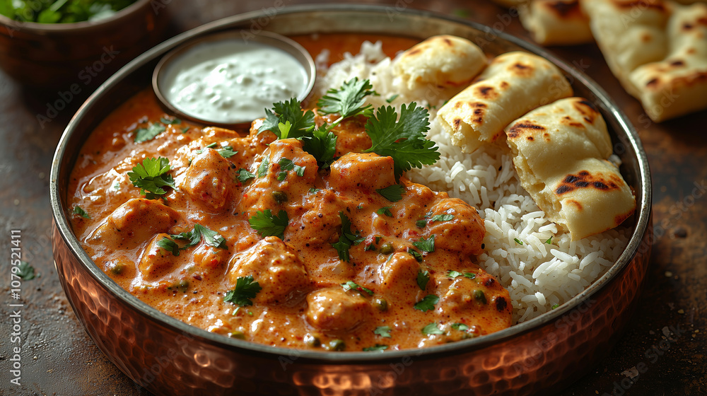Elegant Indian butter chicken with fragrant basmati rice and naan