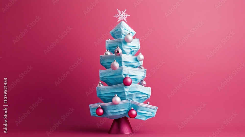 Creative christmas tree made of medical masks with red and silver ornaments on pink background for a unique holiday touch - concept of christmas tree and happy new year Creative christmas tree made of medical masks with red and silver ornaments on pink background for a unique holiday touch - concept of christmas tree and happy new year
