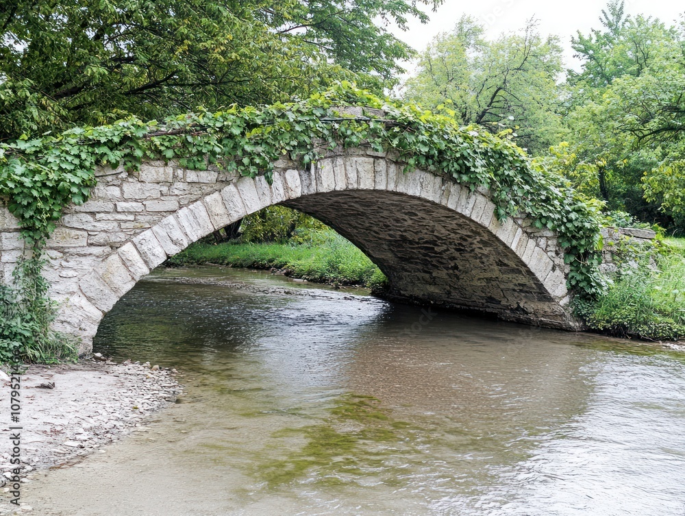 A stone arch bridge covered in greenery spans a calm stream in a natural setting. A stone arch bridge covered in greenery spans a calm stream in a natural setting.