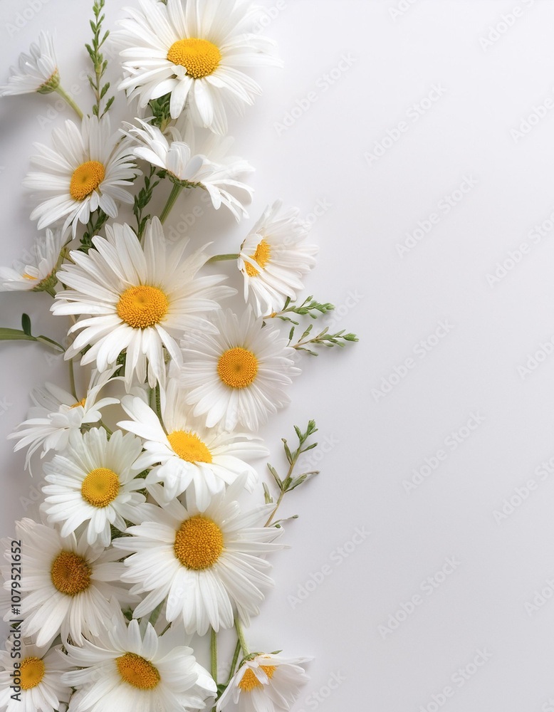 Obraz premium Fresh Daisy flower garland foliage on side position provides copy space for text. background concept isolated white