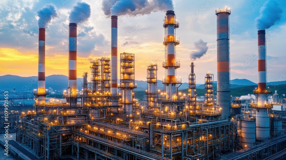 Industrial complex with tall chimneys emitting smoke at sunset. Industrial complex with tall chimneys emitting smoke at sunset.