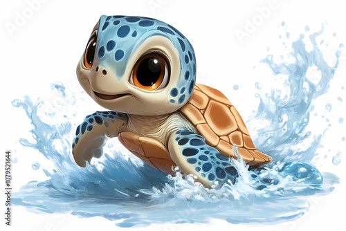 Playful Baby Turtle Swimming with Expressive Eyes and Intricate Shell Patterns