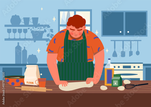 Man with homemade baking. Young guy rolls out dough with rolling pin. Chef prepares bakery and pastry products. Dessert and delicacy. Household chores and routine. Flat vector illustration