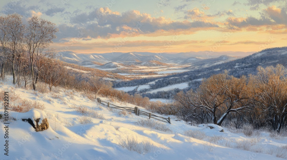 Snowy Landscape with Sunset over a Valley Snowy Landscape with Sunset over a Valley