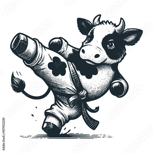 Cow with belt on stomach practicing kicking. Black white vector illustration.