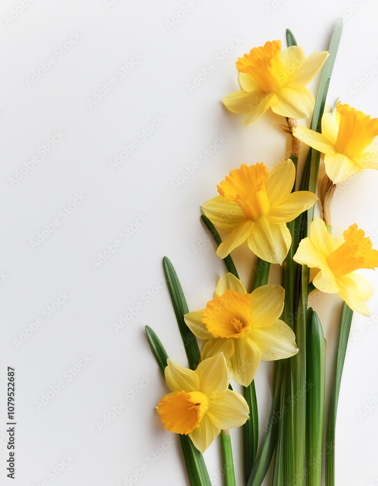 Fresh Daffodil flower garland foliage on side position provides copy space for text. background concept isolated white Fresh Daffodil flower garland foliage on side position provides copy space for text. background concept isolated white