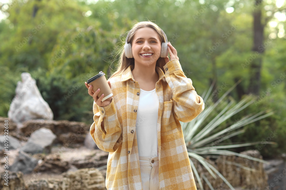 Female tourist with headphones and coffee cup in park on autumn day Female tourist with headphones and coffee cup in park on autumn day