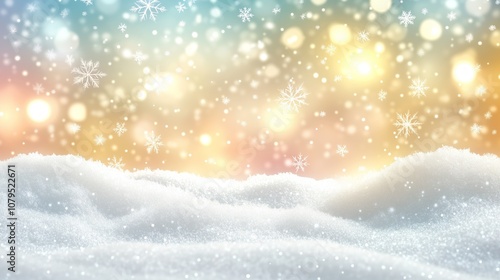 White snow background with blurred bokeh lights and sparkling stars, creating an enchanting atmosphere for Christmas or winter-themed designs